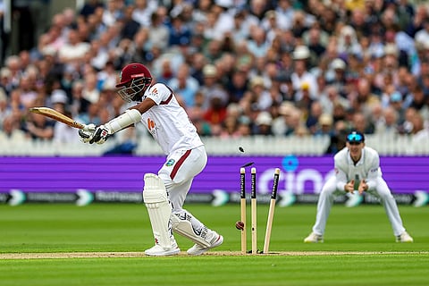 Kraigg Brathwaite is bowled out by England's Gus Atkinson